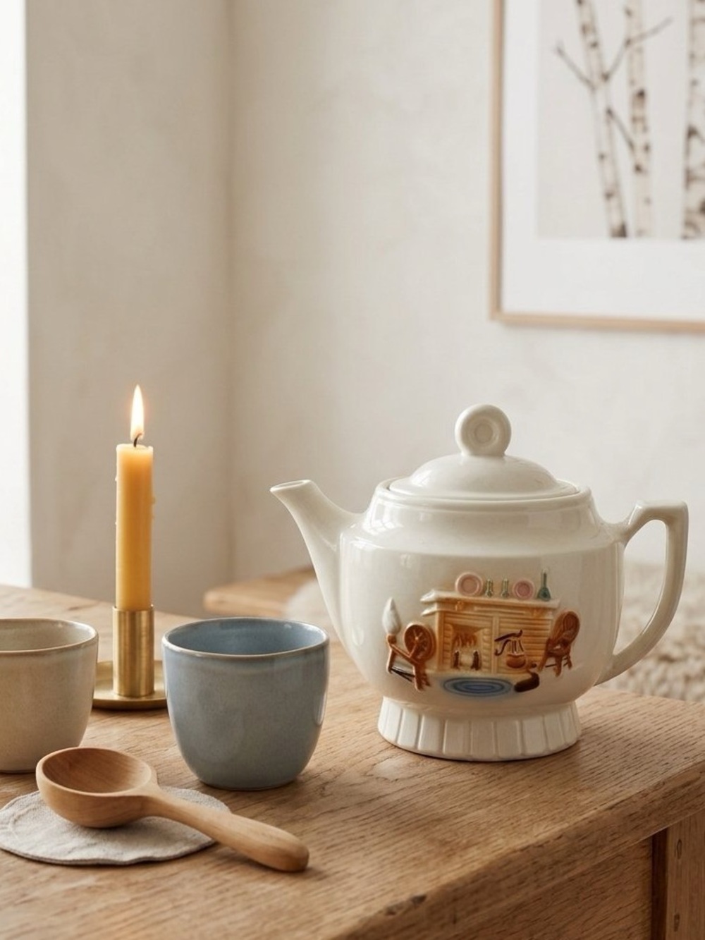 Vintage | Porcelier Ceramic Cream Teapot with Fireplace Motif - Home Kitchen